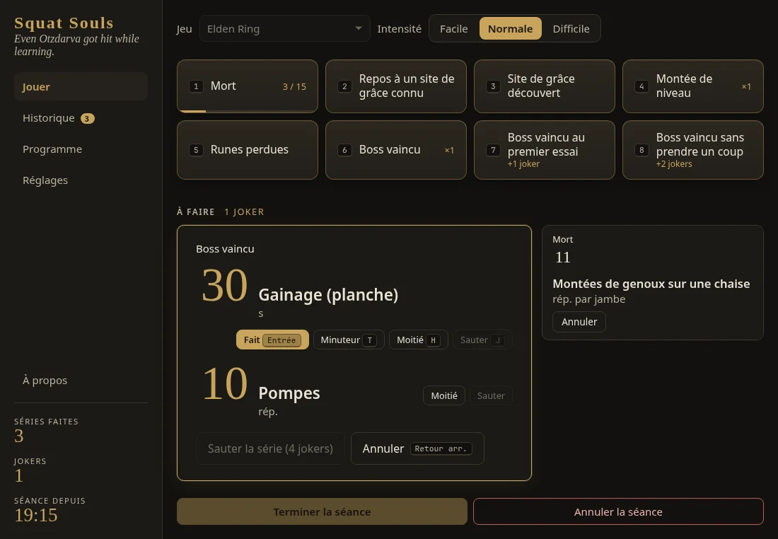Capture de Squat Souls : événements d'Elden Ring en boutons (mort, boss vaincu…) et série d'exercices à faire, gainage et pompes